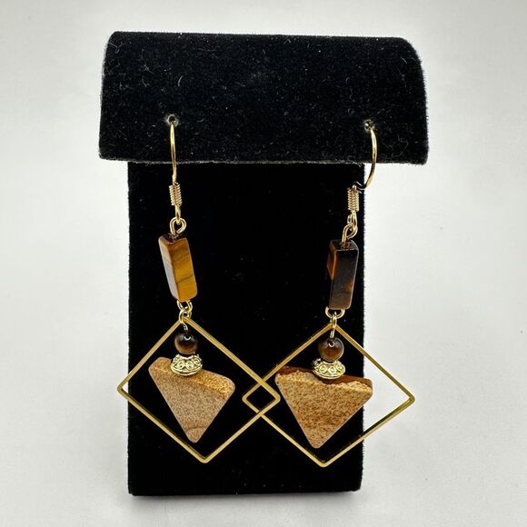 NWOT Geometric shape Tigers Eye and Picture Jasper stone dangle earrings in 925! - Picture 9 of 11